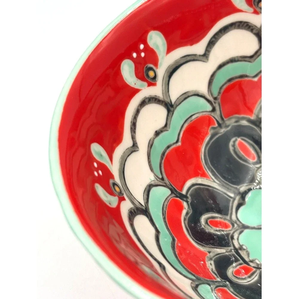ANTHROPOLOGIE Footed Bowl Akaya Elka Red Bohemian Floral Handpainted Cereal Soup